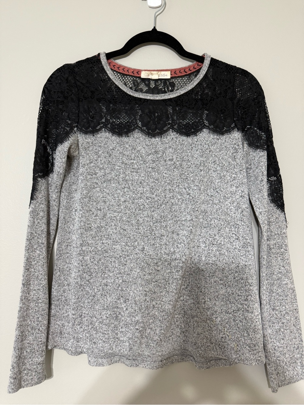 Black Lace Yoke Grey Long Sleeve Knit Top
